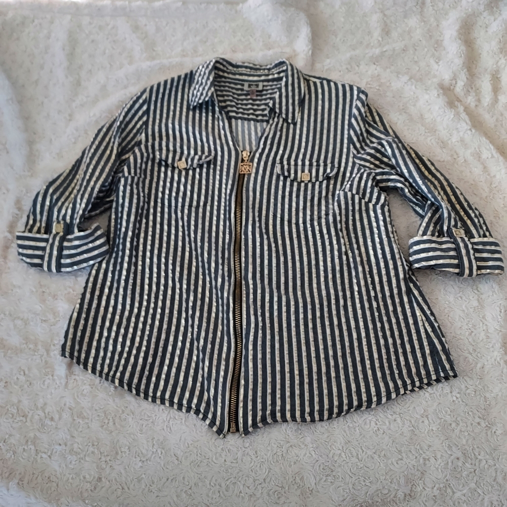 Anne Klein Gray Gold White Striped Top Metallic Accents Coastal Resort Old Money